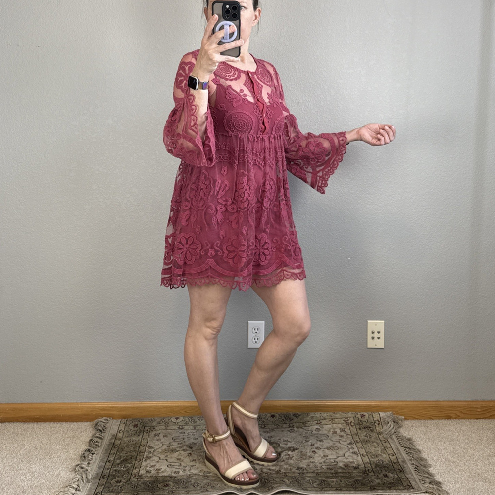 Jens Pirate Booty Free People El Sol Dark Rose Lace Babydoll Mini Dress Size S